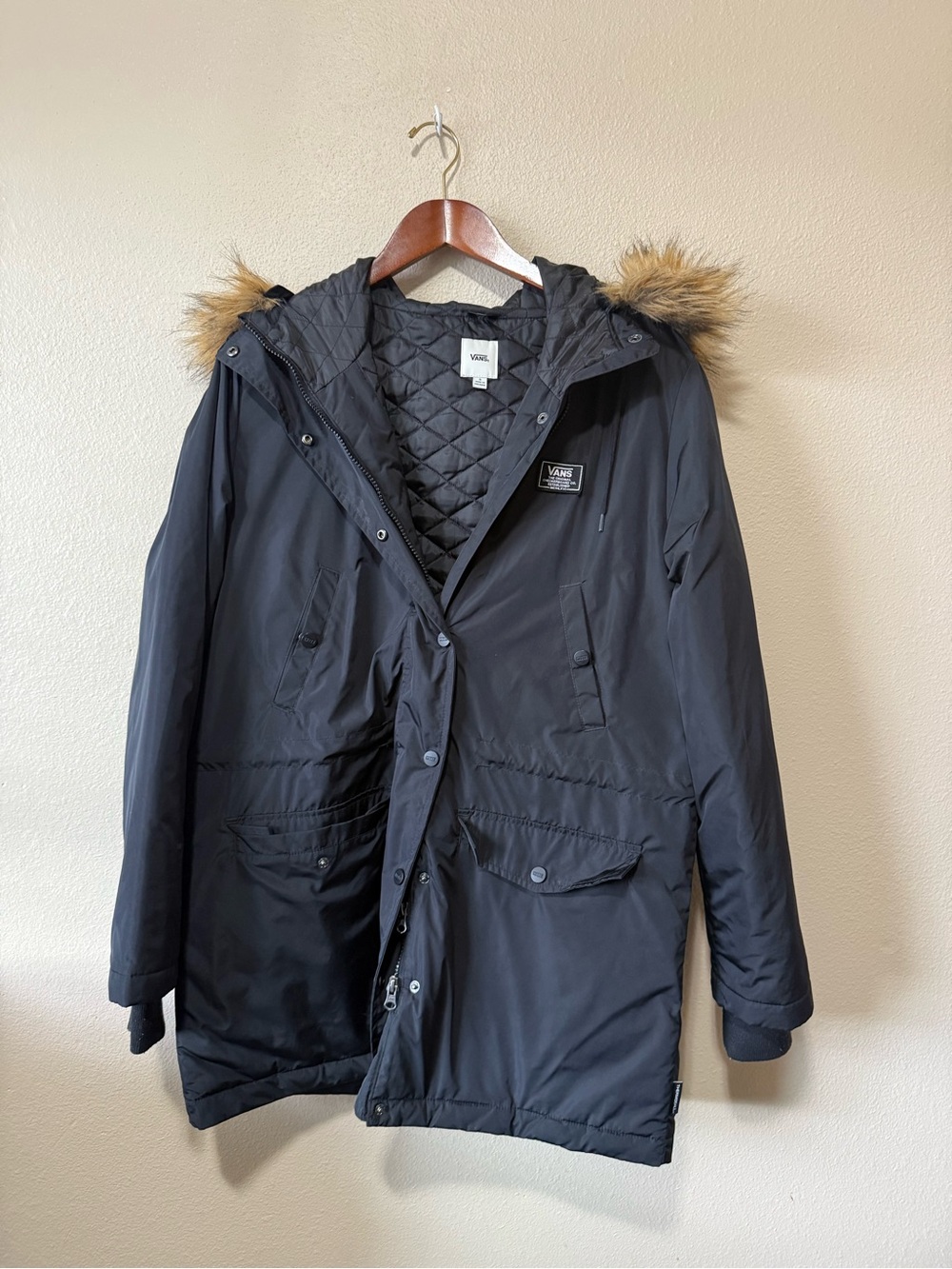 Vans Black Women's Hooded Puffer Coat with Faux Fur Trim